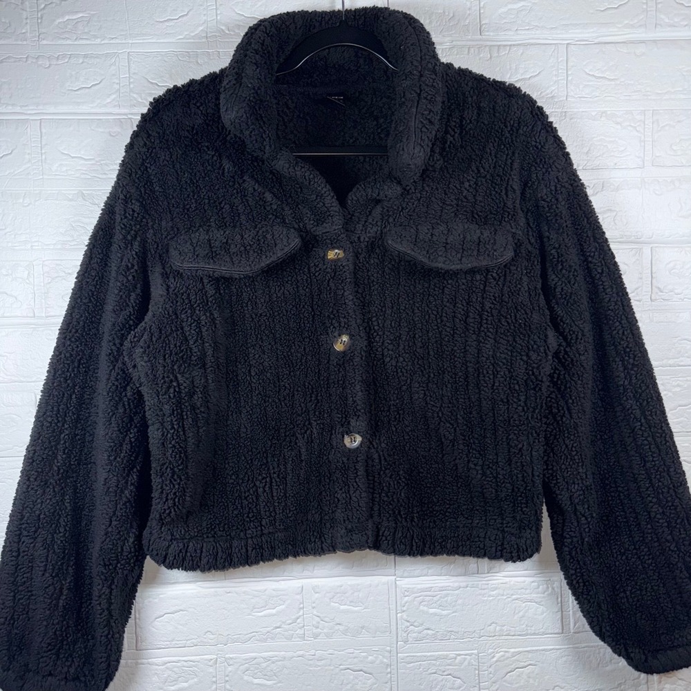 Teddy Jacket Women M Black Cropped Sherpa Fleece Button Down Coat